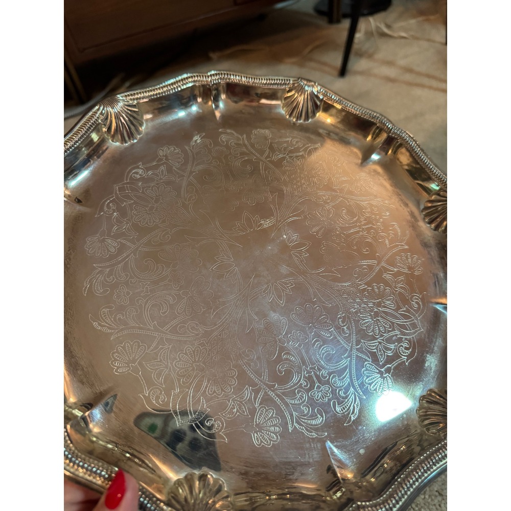Vintage Silver Tone Embossed Gallery Tray Set Scalloped Edge Patina Decor - Picture 4 of 10